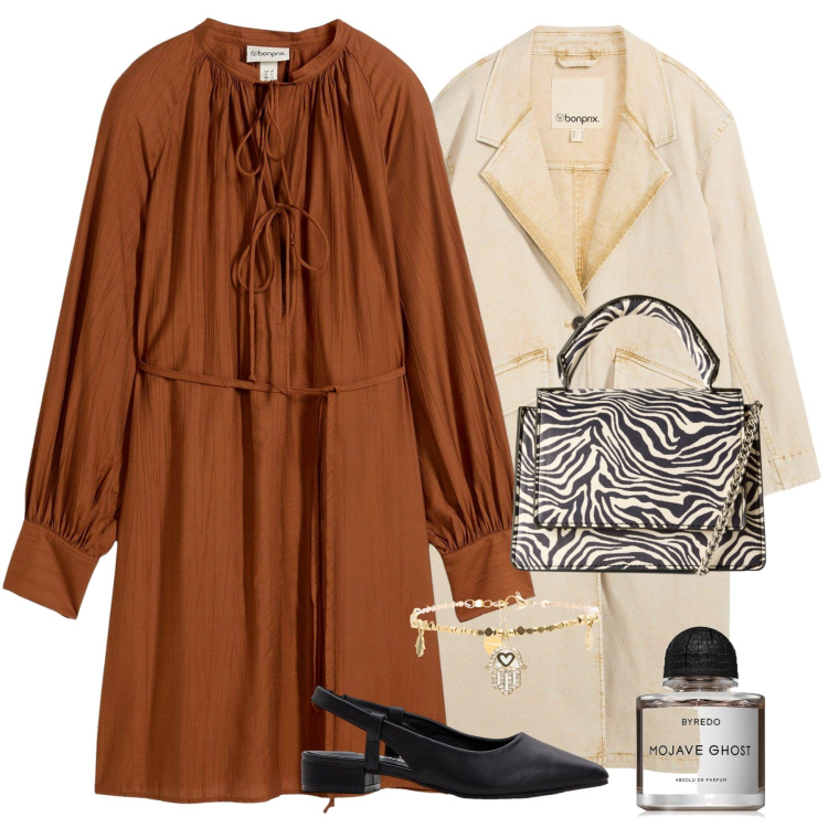 Outfit donna - Ruggine ottobre. Stile Bon Ton per Ufficio. Abbinamento con trench, décolleté, vestiti, profumi, borse a tracolla, braccialetti.
