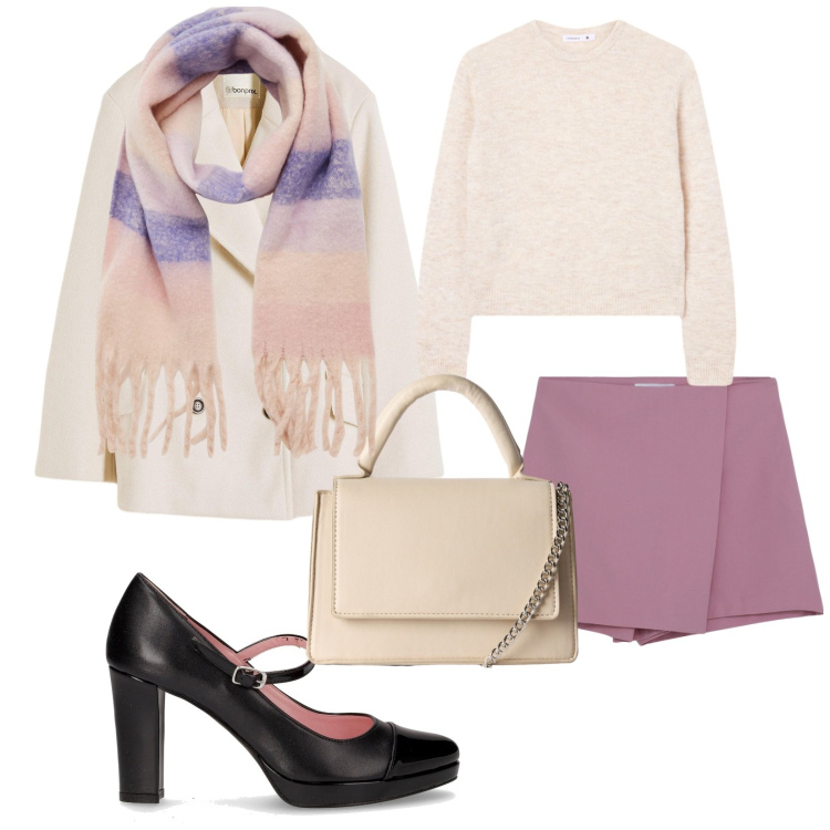 Outfit donna - Total look #2265581. Stile Casual chic per Serata fuori. Abbinamento con caban, sciarpe, minigonne, borse a tracolla, maglieria, décolleté.