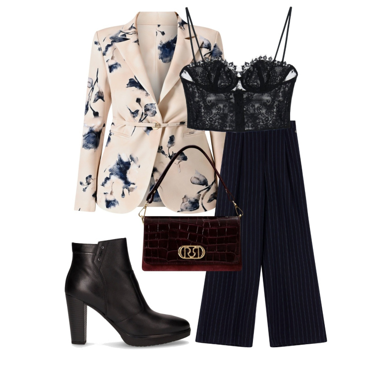 Outfit donna - Total look #2265583. Stile Chic per Serata fuori. Abbinamento con borse a mano, blazer, top, pantaloni a palazzo, stivaletti.