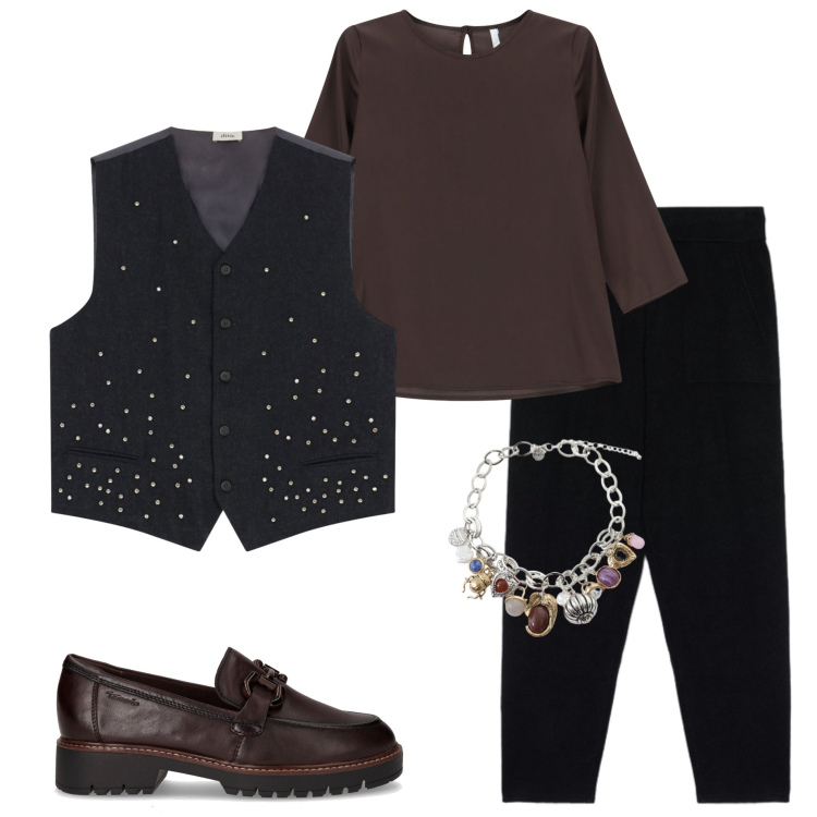Outfit donna - Serata tra amiche. Stile Casual chic per Serata fuori. Abbinamento con gilet, braccialetti con ciondoli, bluse, mocassini, pantaloni.