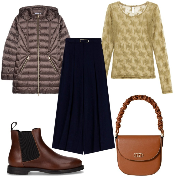 Outfit donna - Passeggiata tra le foglie nel parco. Stile Trendy per Tutti i giorni. Abbinamento con borse a mano, maglieria, pantaloni, piumini, stivaletti chelsea.