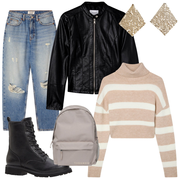 Outfit donna - Ritorno agli anni 90. Stile Urban per Scuola/Università. Abbinamento con stivaletti, jeans mom, orecchini, giacche, zaini, maglieria.