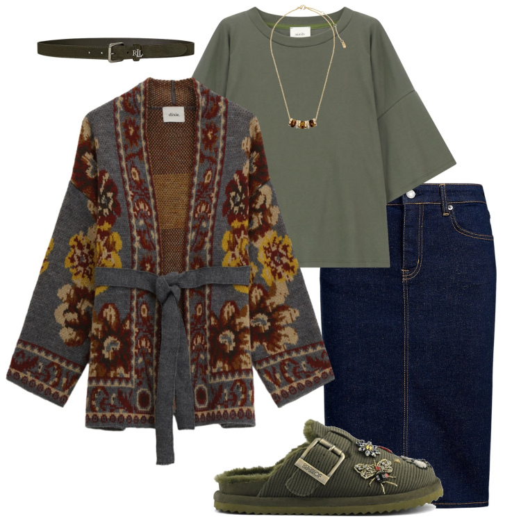 Outfit donna - Serata tra amiche. Stile Casual per Tutti i giorni. Abbinamento con t-shirt, cardigans, gonne, collane, cinture, sabot.