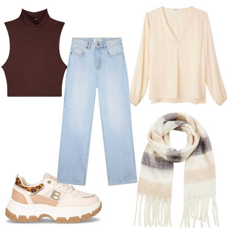 Outfit donna - Passeggiata tra le foglie in jeans. Stile Basic per Tutti i giorni. Abbinamento con sciarpe, top, jeans dritti, bluse, sneakers.