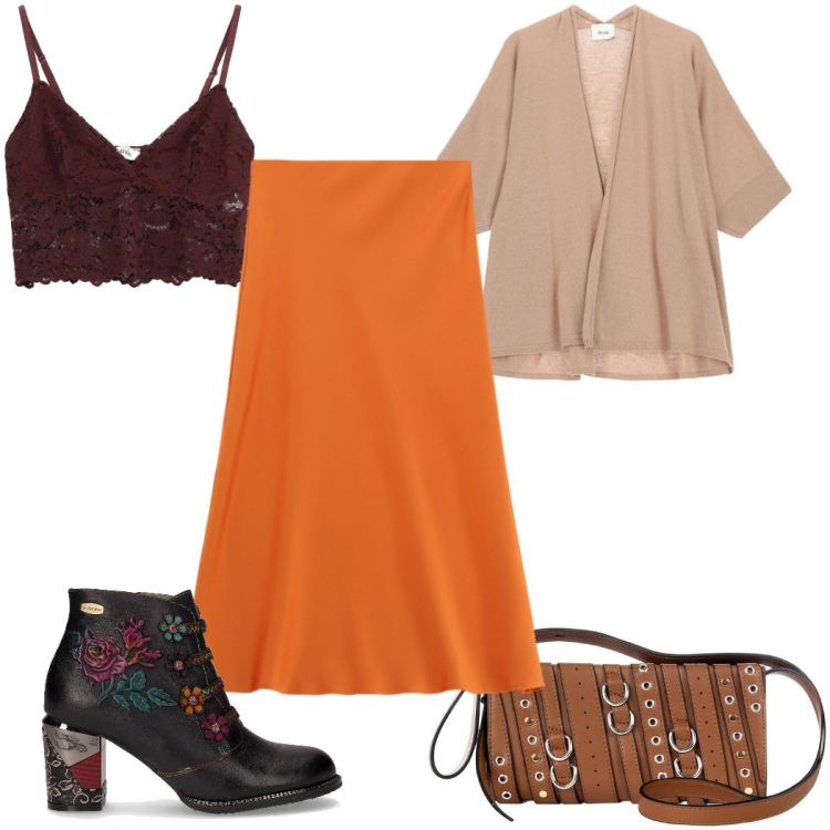 Outfit donna - Arancione a ottobre: la gonna. Stile Trendy per Tutti i giorni. Abbinamento con borse a spalla, gonne longuette, cardigans, top, stivaletti.