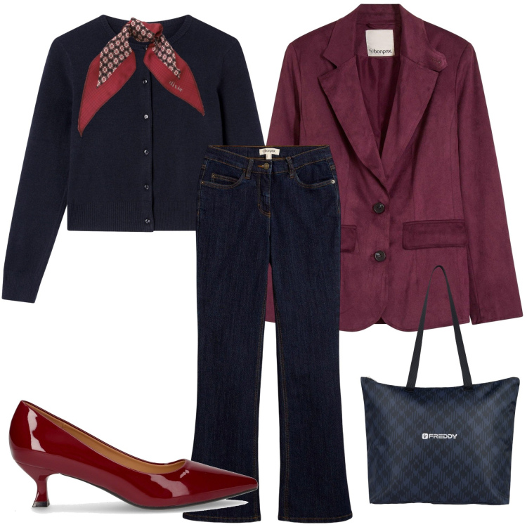 Outfit donna - Serata tra amiche. Stile Casual chic per Serata fuori. Abbinamento con jeans bootcut, blazer, cardigans, shopping bag, foulard, décolleté.