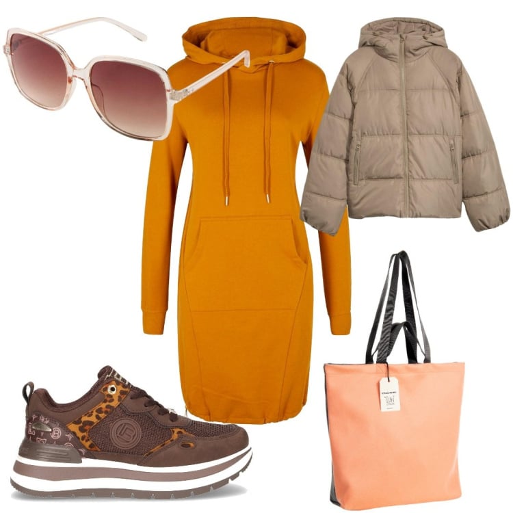 Outfit donna - Arancione a ottobre: basic alla moda. Stile Basic per Tutti i giorni. Abbinamento con giacche, vestiti, occhiali da sole, borse tote, sneakers.
