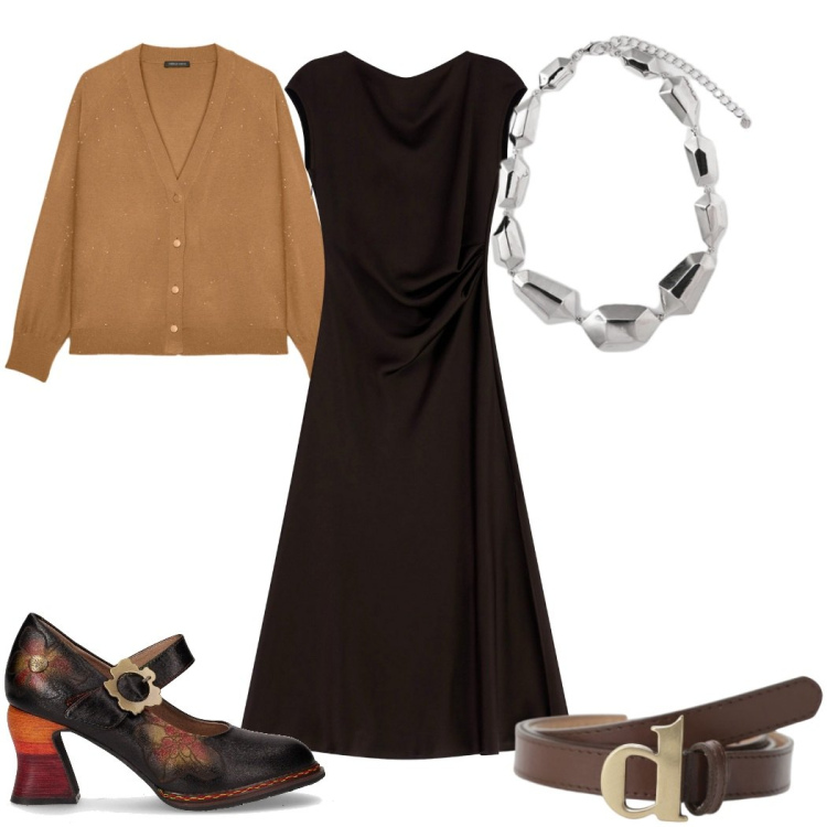 Outfit donna - Serata con gli amici a casa mia. Stile Trendy per Serata fuori. Abbinamento con cinture, vestiti lunghi, décolleté, cardigans, ciondoli.