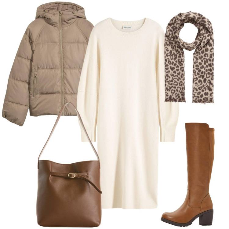 Outfit donna - Essenza d’Autunno. Stile Basic per Tutti i giorni. Abbinamento con stivali, borse a mano, giacche, vestiti, sciarpe.