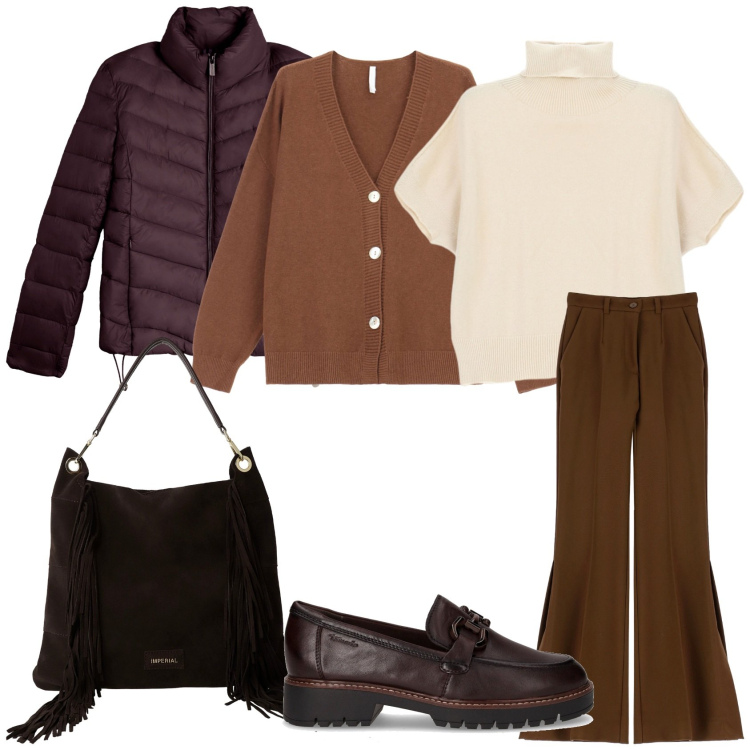Outfit donna - Arriva l\'inverno. Stile Urban per Tutti i giorni. Abbinamento con borse a spalla, pantaloni, maglieria, cardigans, piumini, mocassini.