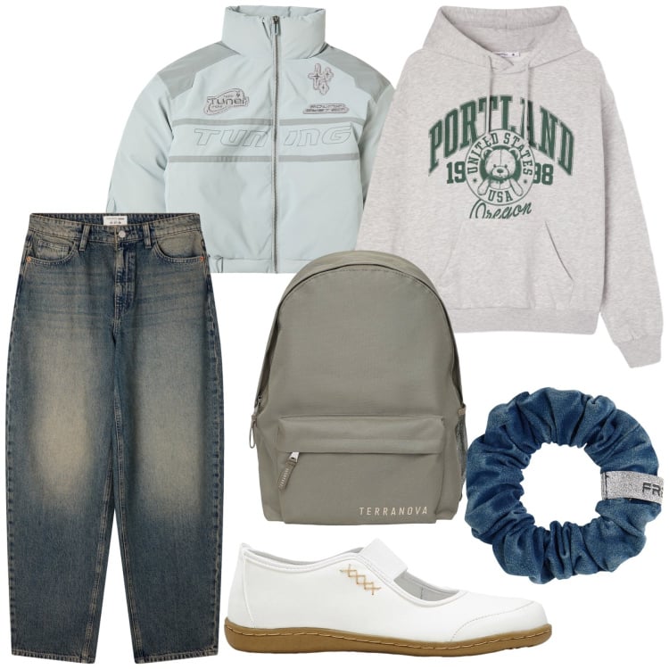Outfit donna - Total look. Stile Casual chic per Tutti i giorni. Abbinamento con ballerine, blazer, zaini, felpe con cappuccio, jeans, accessori per capelli.