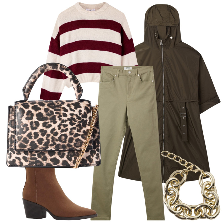 Outfit donna - La pioggia di ottobre. Stile Sporty chic per Tutti i giorni. Abbinamento con stivaletti texani, trench, maglieria, pantaloni skinny, borse a tracolla, braccialetti.