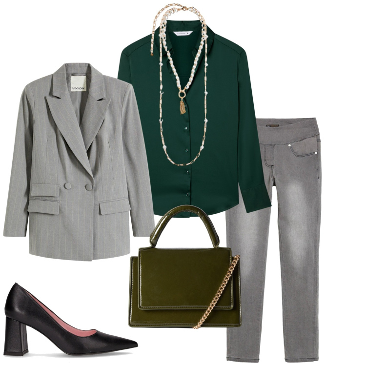 Outfit donna - Total look #2265810. Stile Basic per Ufficio. Abbinamento con jeans dritti, blazer, camicie, borse a tracolla, collane, décolleté.