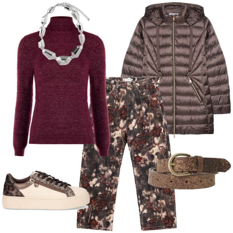 Outfit donna - Passeggiata tra le foglie. Stile Minimal per Tutti i giorni. Abbinamento con pantaloni, cinture, maglieria, piumini, sneakers, ciondoli.