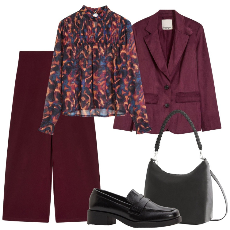 Outfit donna - Ufficio. Stile Basic per Ufficio. Abbinamento con blazer, bluse, mocassini, borse a mano, pantaloni culotte.