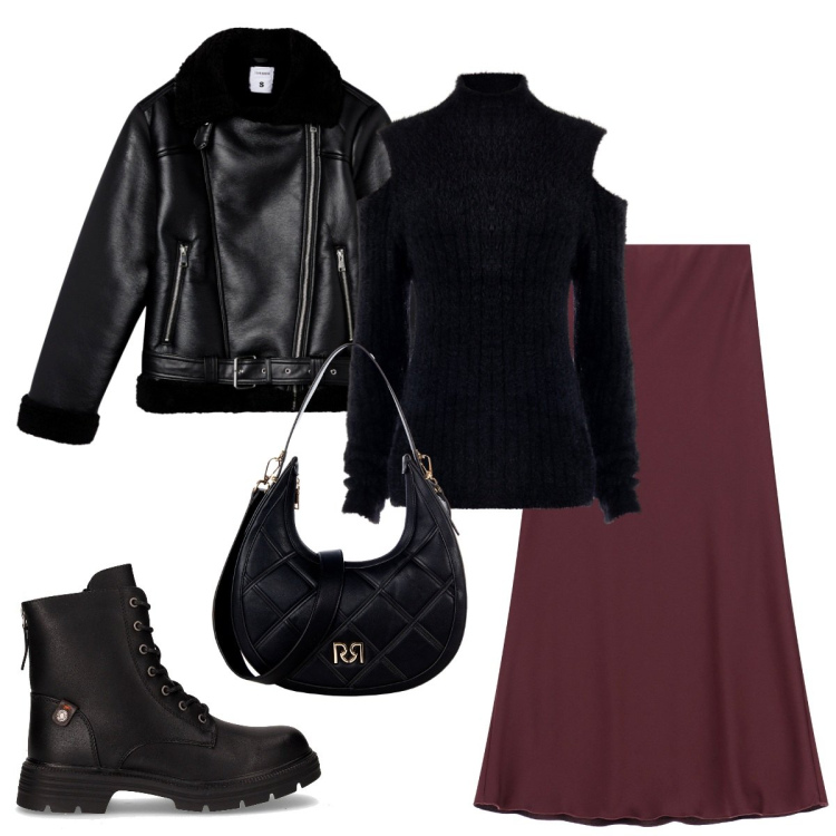 Outfit donna - Cena con amici. Stile Basic per Serata fuori. Abbinamento con giacche, gonne lunghe, borse a tracolla, maglieria, anfibi.