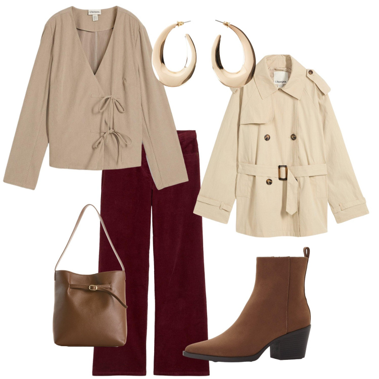 Outfit donna - Total look #2265822. Stile Trendy per Tutti i giorni. Abbinamento con bluse, pantaloni, stivaletti texani, borse a mano, trench, orecchini.