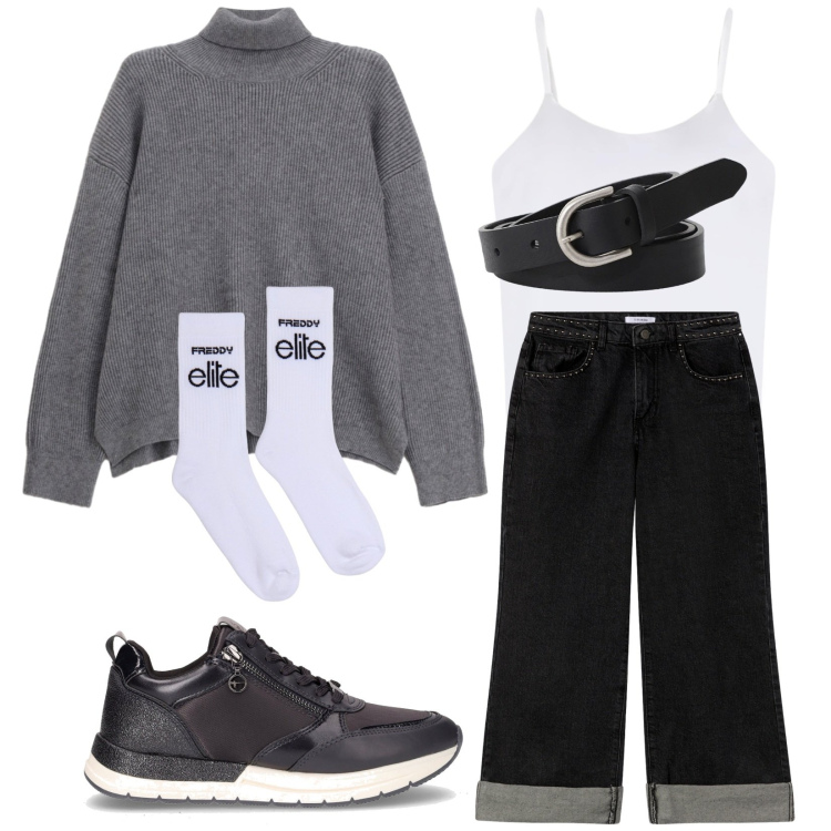 Outfit donna - Total look #2265824. Stile Casual per Tutti i giorni. Abbinamento con jeans dritti, magliette intime, cinture, maglieria, calzini, sneakers.