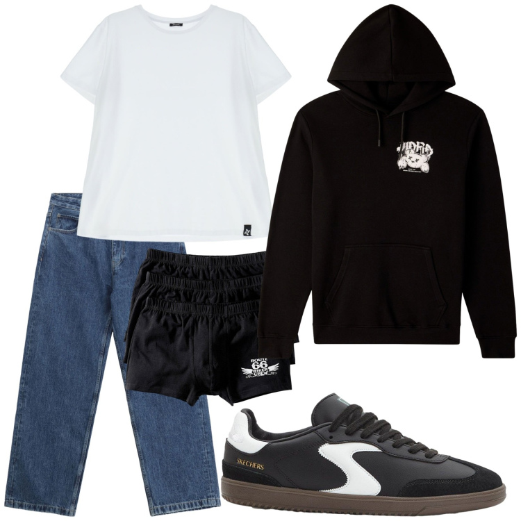 Outfit uomo - Total look #2265826. Stile Urban per Tutti i giorni. Abbinamento con boxer, sneakers, felpe con cappuccio, jeans, t-shirt.