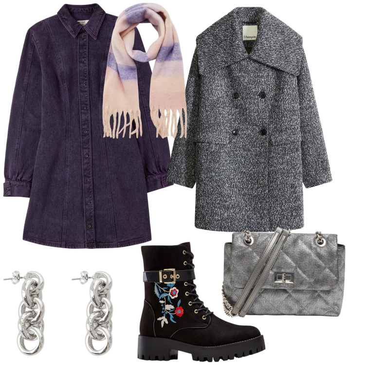 Outfit donna - Inverno. per Tutti i giorni. Abbinamento con stivali, cappotti, sciarpe, borse a tracolla, vestiti chemisier, orecchini.