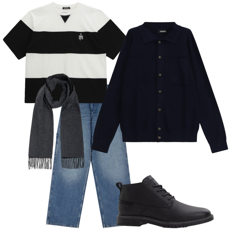 Outfit uomo - Total look #2265829. Stile Trendy per Tutti i giorni. Abbinamento con stivali e stivaletti, jeans, t-shirt, cardigans, sciarpe.