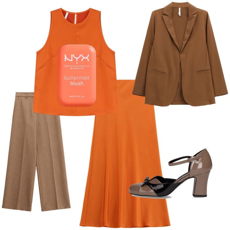 Outfit donna - Ottobre è arancione. Stile Trendy per Ufficio. Abbinamento con blush, pantaloni, gonne lunghe, top, blazer, décolleté.