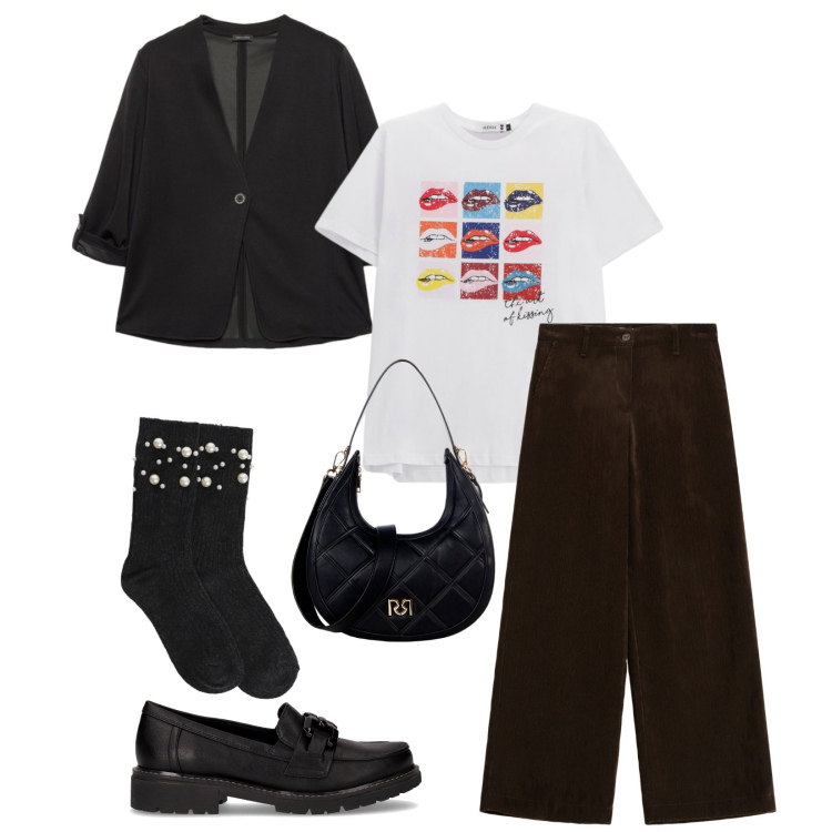 Outfit donna - Total look #2265835. Stile Casual chic per Tutti i giorni. Abbinamento con t-shirt, pantaloni, calzini, borse a tracolla, blazer, mocassini.