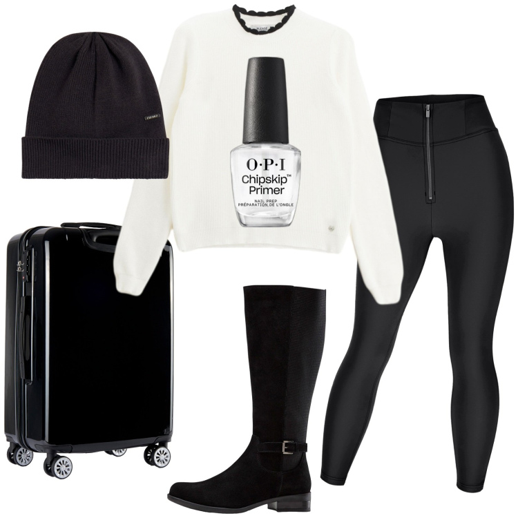 Outfit donna - Vado. Stile Trendy per Tutti i giorni. Abbinamento con stivali, smalti, pullovers, pantaloni skinny, berretti, valigie.