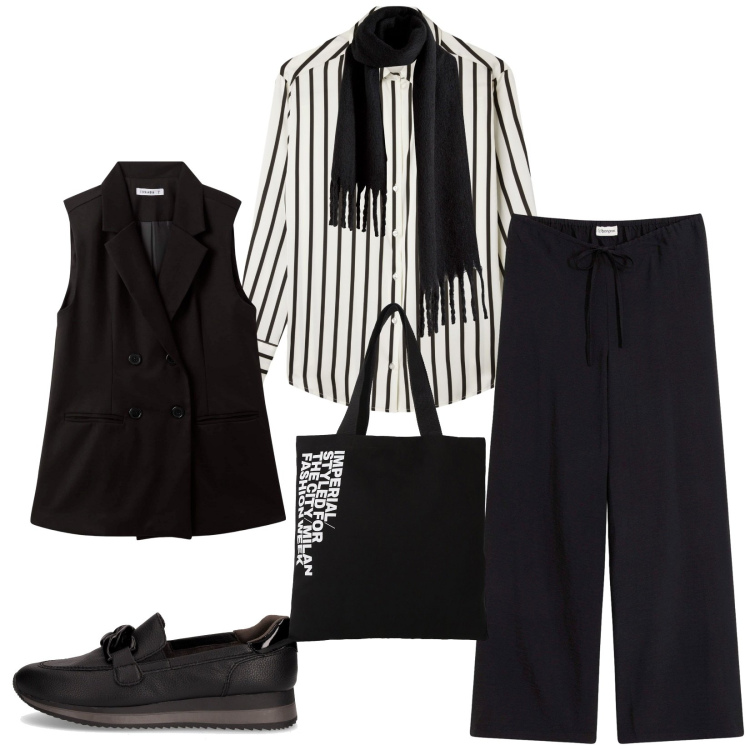 Outfit donna - Total look #2265838. Stile Casual chic per Tutti i giorni. Abbinamento con pantaloni a palazzo, sciarpe, gilet, camicie, shopping bag, mocassini.