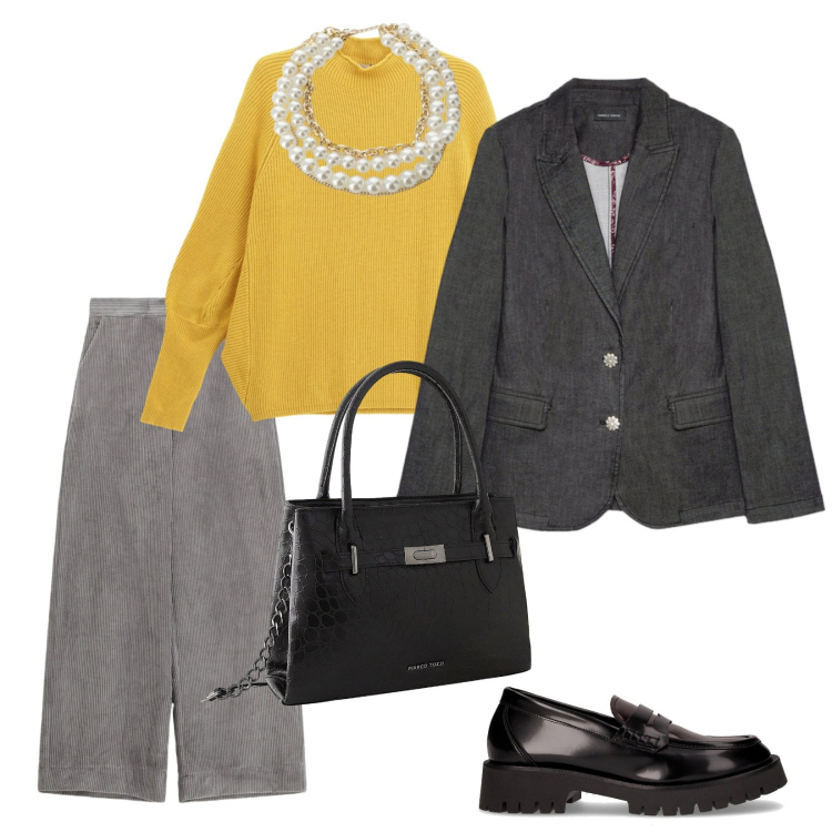 Outfit donna - A lavoro. per Ufficio. Abbinamento con borse a mano, maglieria, pantaloni a palazzo, collane, mocassini, blazer.