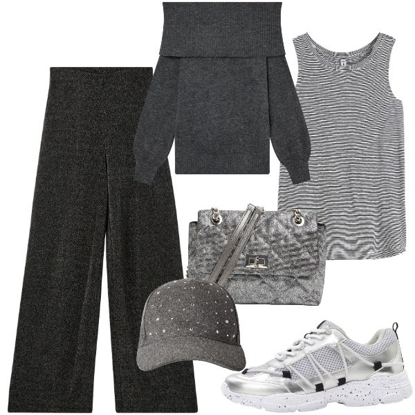 Outfit donna - Comodità per il tempo libero. Stile Sporty chic per Tutti i giorni. Abbinamento con sneakers, top, pantaloni, borse a tracolla, cappelli con visiera, maglieria.