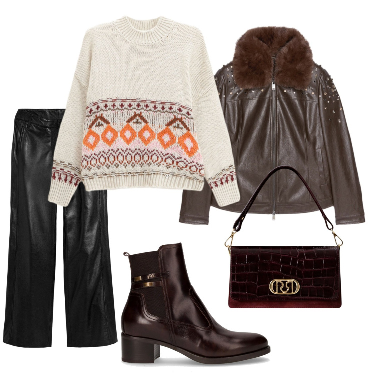 Outfit donna - Il calore. per Tutti i giorni. Abbinamento con pantaloni, maglieria, borse a mano, stivaletti, giacche.