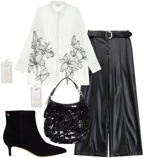 Outfit donna - Serata tra amiche - FDCI. Stile Chic per Serata fuori. Abbinamento con pantaloni, camicie, stivaletti, pochette, orecchini.