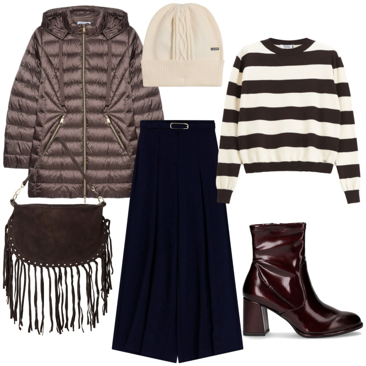 Outfit donna - Pronta per l\' inverno. per Tutti i giorni. Abbinamento con pullovers, pantaloni, berretti, borse a tracolla, piumini, stivaletti.