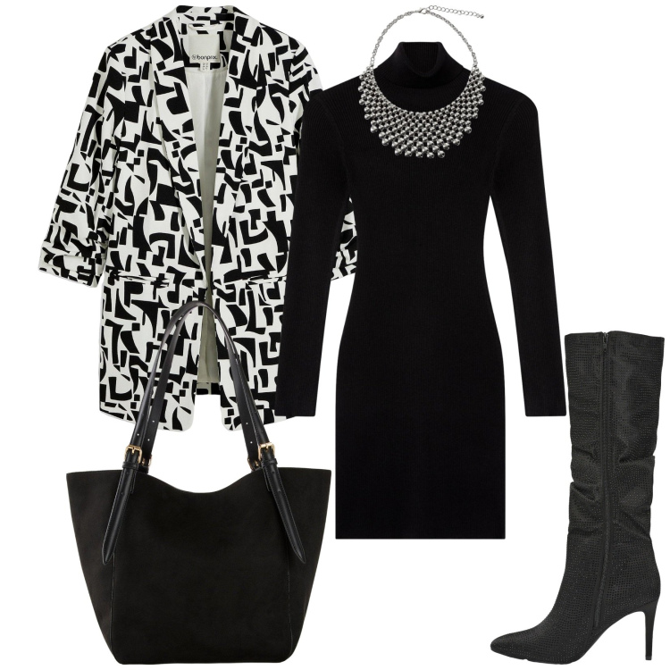 Outfit donna - Total look #2265851. Stile Chic per Serata fuori. Abbinamento con blazer, shopping bag, stivali, vestiti corti, collane.