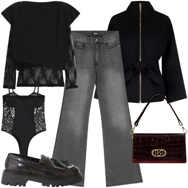 Outfit donna - Serata in pizzo. Stile Urban per Serata fuori. Abbinamento con caban, borse a mano, t-shirt, body, jeans a zampa, mocassini.
