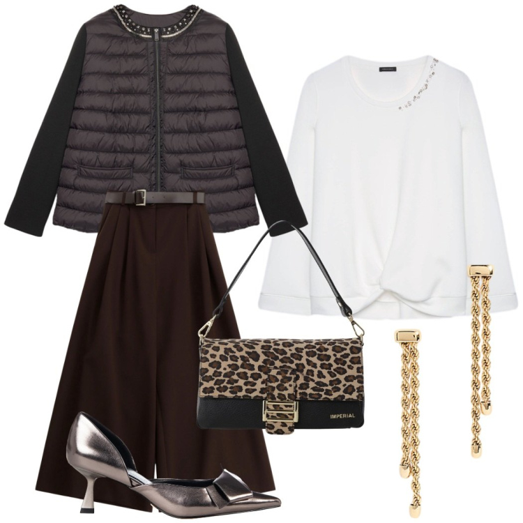 Outfit donna - Apericena con le amiche. Stile Chic per Serata fuori. Abbinamento con décolleté, pantaloni a palazzo, borse a spalla, orecchini, felpe, piumini.