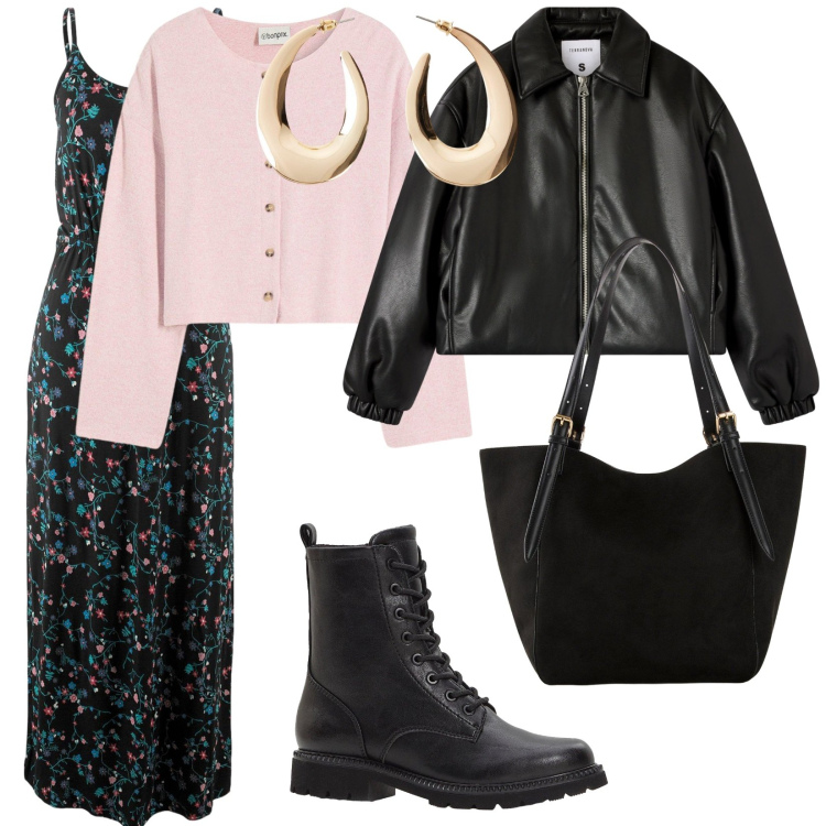 Outfit donna - Vestito riutilizzato. per Serata fuori. Abbinamento con vestiti lunghi, cardigans, stivaletti, shopping bag, orecchini, bomber.