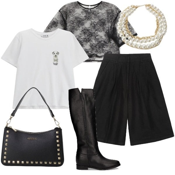 Outfit donna - Pizzo e perle. Stile Urban per Serata fuori. Abbinamento con t-shirt, t-shirt, pochette, collane, bermuda, stivali.