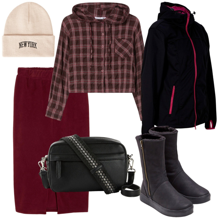 Outfit donna - In montagna. per Tutti i giorni. Abbinamento con stivali, blazer, gonne longuette, borse a tracolla, camicie, berretti.