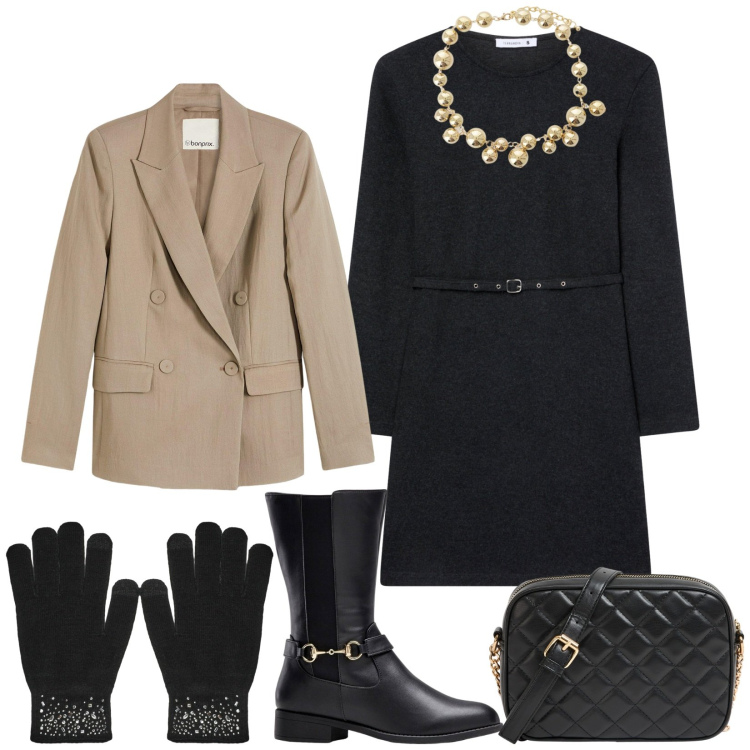 Outfit donna - Total look #2265862. Stile Bon Ton per Serata fuori. Abbinamento con stivali, blazer, borse a tracolla, vestiti midi/longuette, guanti, collane.
