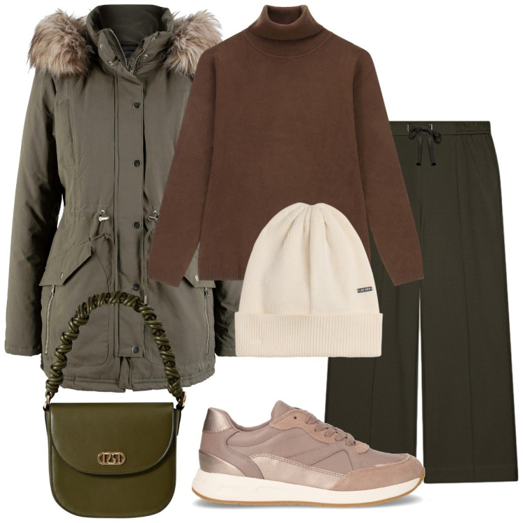 Outfit donna - Giornate fredde. Stile Basic per Tutti i giorni. Abbinamento con parka, maglieria, borse a mano, berretti, pantaloni, sneakers.