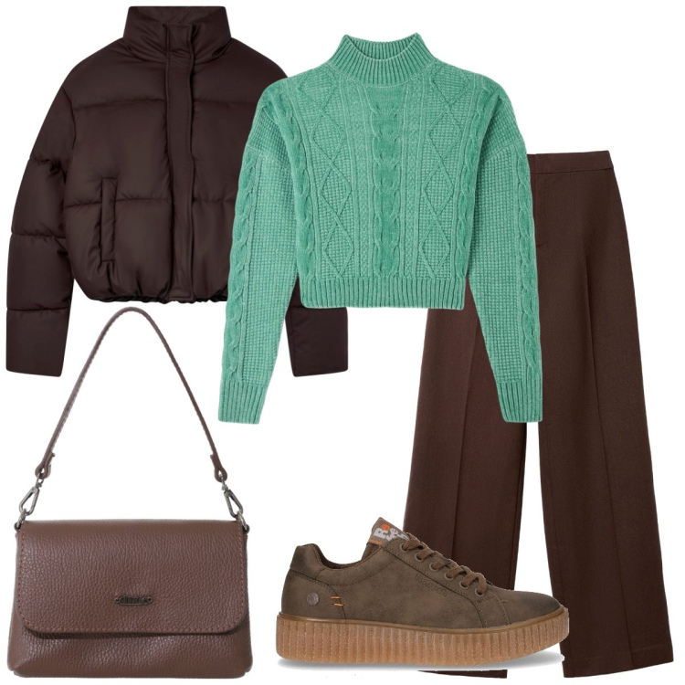 Outfit donna - Il pullover verde. Stile Basic per Tutti i giorni. Abbinamento con maglieria, bomber, pantaloni, borse a tracolla, sneakers.