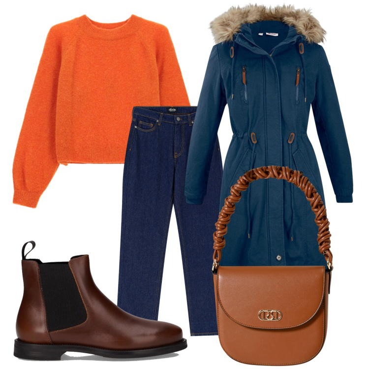 Outfit donna - Arancio per l\'autunno. Stile Casual chic per Tutti i giorni. Abbinamento con parka, borse a mano, maglieria, jeans dritti, stivaletti chelsea.