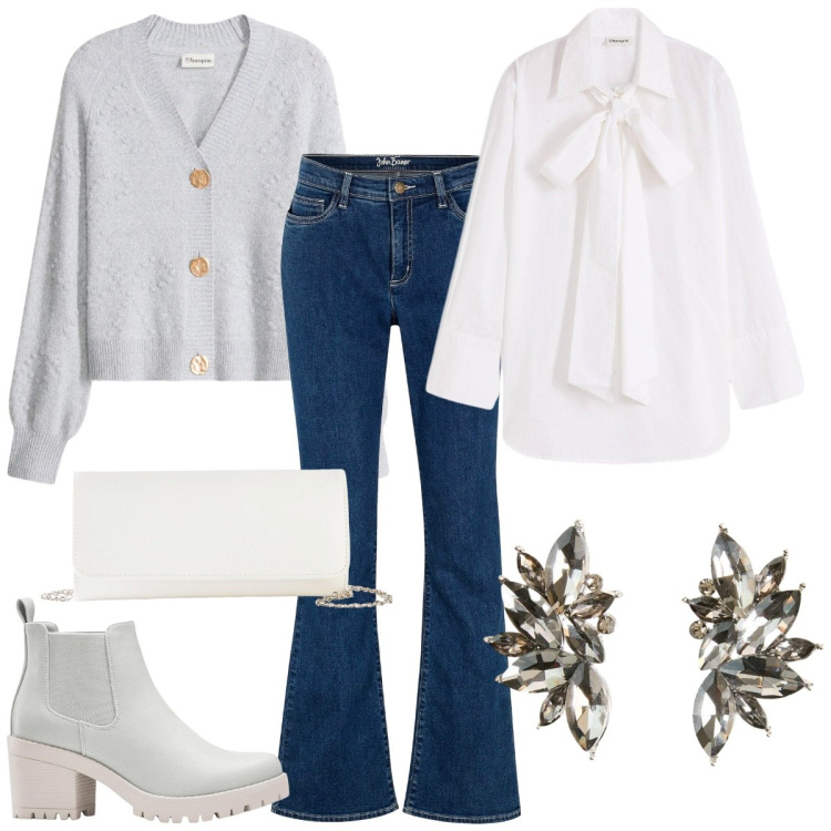 Outfit donna - Neutra grigii. Stile Casual chic per Tutti i giorni. Abbinamento con cardigans, camicie, jeans bootcut, stivaletti chelsea, orecchini, pochette.
