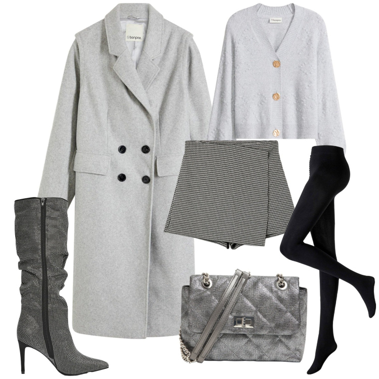 Outfit donna - Total look #2265871. Stile Chic per Serata fuori. Abbinamento con collant, cappotti, cardigans, minigonne, stivali, borse a tracolla.