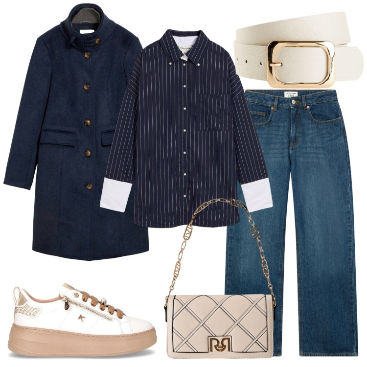 Outfit donna - Aperitivo in centro. Stile Basic per Tutti i giorni. Abbinamento con cinture, cappotti, camicie, jeans, borse a tracolla, sneakers.