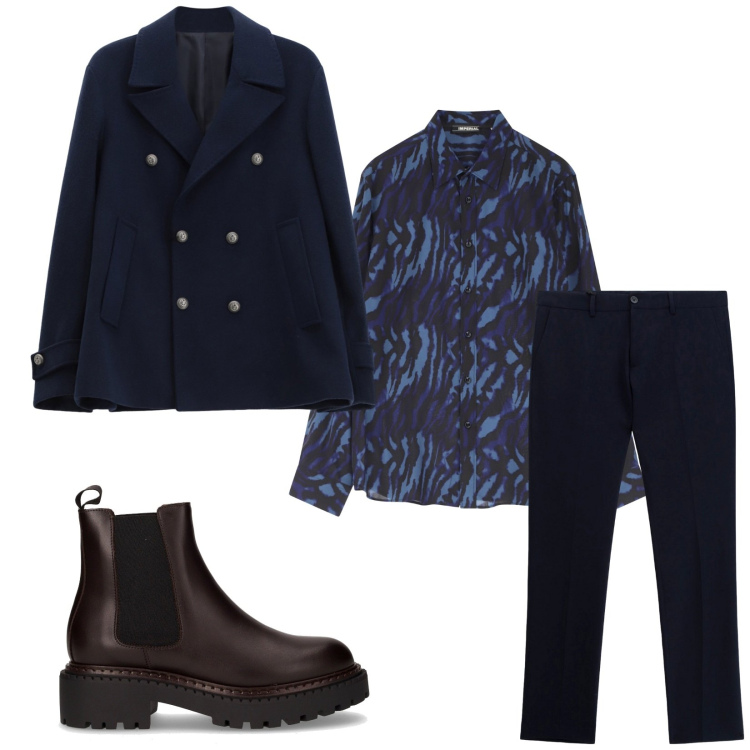 Outfit uomo - Total look #2265873. Stile Trendy per Ufficio. Abbinamento con cappotti, camicie, pantaloni, stivali e stivaletti.