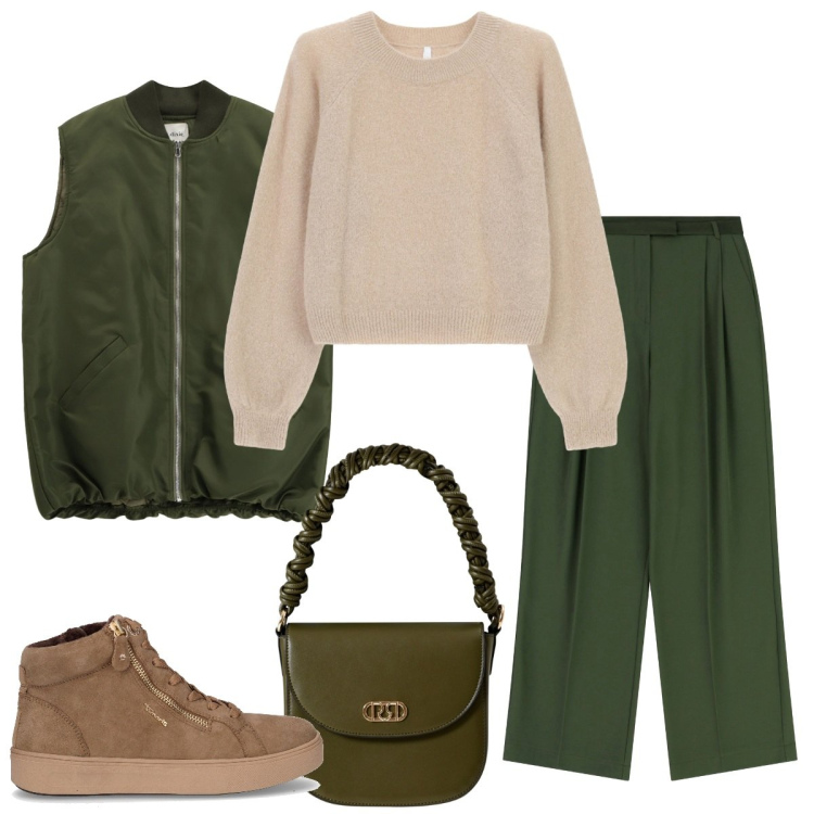 Outfit donna - Il gilet. Stile Basic per Tutti i giorni. Abbinamento con borse a mano, pantaloni, maglieria, piumini, sneakers alte.