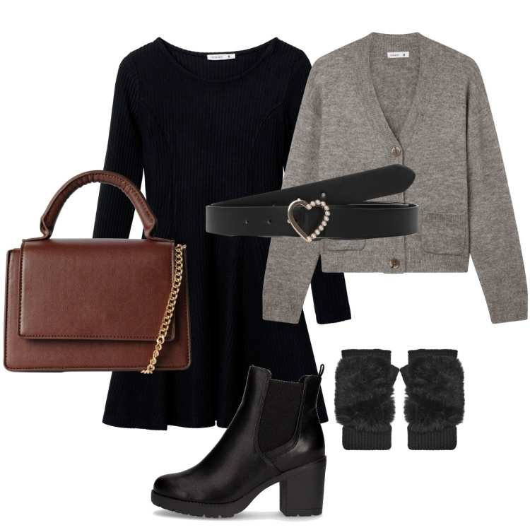Outfit donna - L\'abito cult. Stile Casual per Tutti i giorni. Abbinamento con vestiti corti, borse a tracolla, cinture, cardigans, guanti, stivaletti chelsea.